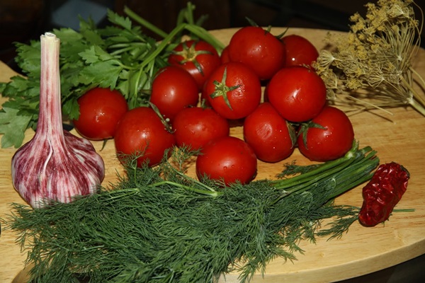 가방과 냄비에 갓 소금에 절인 토마토