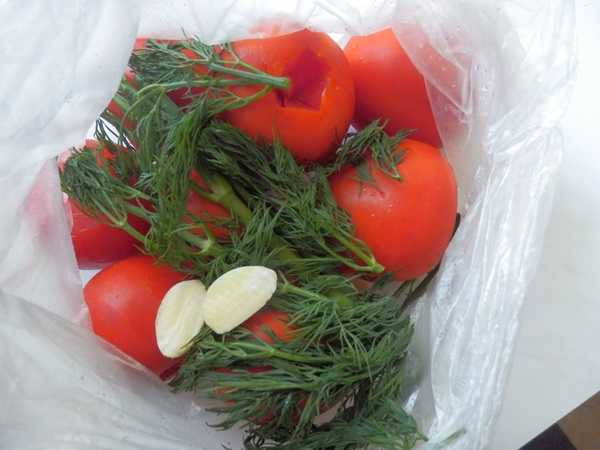 가방과 냄비에 갓 소금에 절인 토마토